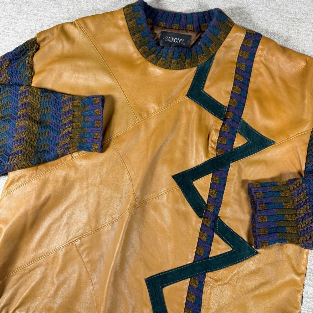 Saxony Sweater Mens XL Tan Leather Knit L/S Geometric Patchwork‎ Vintage